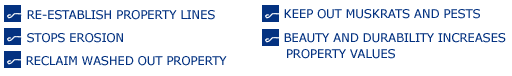 re-establish property lines, stops erosion, reclaim washed out property, keep out muskrats and pests, beauty and durablity increases property values